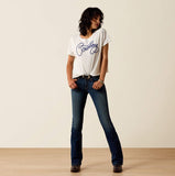 A model wearing Ariat Women's R.E.A.L. Perfect Rise Stretch Rosa Boot Cut Jean paired with a casual t-shirt.