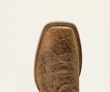 Close-up of the toe of Men's Ariat Cowhand Wide Square Toe Western Boots in Smoked Tan, showcasing quality craftsmanship.