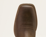 Ariat Hybrid Ranchwork Waterproof Western Work Boot top view with embroidered design and brown leather finish.