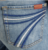 7 For All Mankind Dojo Tailorless Flare Jeans back pocket detail with distinctive stitching in blue and white.