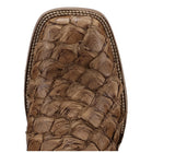 Dan Post Marc Pirarucu Men's Boots close-up of tan/brown exotic leather toe with unique texture and design.