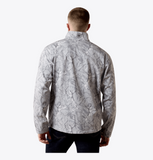Ariat Men's Logo Softshell Jacket in Grey Camo view from the back showcasing the camo pattern and embroidered logo.
