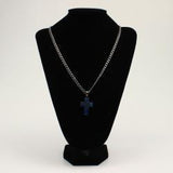 Silver Strike Mens Necklace 26" with Gunmetal Blue Cross displayed on a bust.