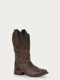 Corral Women's Brown Woven Barbed Wire Square Toe Rodeo Cowboy Boot featuring a unique barbed wire design and comfortable fit.