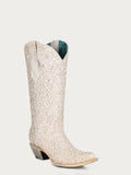 C4050 - Women's White Glitter Overlay and Embroidery Triad Snip Toe Cowboy Boot by Corral, perfect for special occasions.