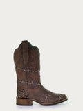 Corral Women's Brown Woven Barbed Wire Square Toe Rodeo Cowboy Boot showcasing intricate stitching and barbed wire design.