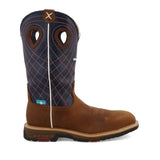 Twisted X Women's 11" Waterproof Alloy Toe Western Work Boot side view with brown leather and navy blue embroidered shaft.