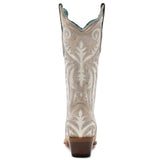 Corral Women's White Overlay Stud Western Boot Z5211 rear view showcasing intricate embroidery and western heel design.
