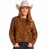 Rock & Roll Cowgirl women's rust boot stitch embroidered sweater with western design and wide-brim hat.