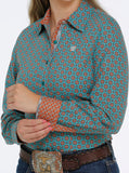 Cinch Teal Geometric Print Long Sleeve Button Down Western Shirt with detailed patterned sleeves and collar