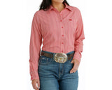 Cinch Women's Long Sleeve Print Arenaflex Button Down Shirt in Red with jeans and a belt.