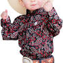 Cinch Infant Black & Red Paisley Button Down shirt worn by a young child, displaying a cheerful pose and cowboy hat.