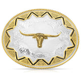 Montana Silversmiths Southwest Sun Large Buckle with Longhorn in elegant silver and gold design.