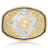 Montana Silversmiths Western Initial Buckle with gold letter G and silver engravings for personalized style.