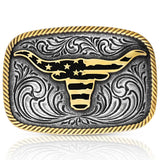 Montana Silversmiths Western Patriotic Longhorn Buckle with intricate designs and American flag accents.