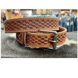 Gingerich belt Wolcott Sedona 1.5 Basketweave Leather Belt showcasing its unique woven design and durable buckle.