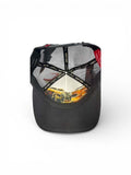 Interior view of the Kimes Ranch Camden Black Logo Patch Trucker Cap showcasing the mesh lining and logo design.