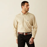 Ariat Men's Conley Classic Fit Button Down Shirt in beige with patterned design, worn by a model with a stylish belt.