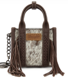 Wrangler Cowhide Mini Fringe Tote & Keychain Bag in coffee with braided handles and flowing fringe.