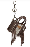 Wrangler Cowhide Mini Fringe Tote & Keychain Bag in coffee with braided handle and fringe.