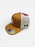Kimes Ranch Toluca WW Brown Trucker Hat with embroidered logo and adjustable snapback, featuring Mexican flag colors.