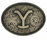 Montana Silversmiths Yellowstone Buckle featuring ornate swirl design and prominent letter Y.