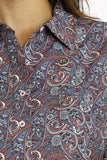Cinch Women's Paisley Arenaflex Button-Down Western Shirt featuring a close-up of the stylish burgundy and blue paisley pattern.
