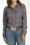 Cinch Women's paisley Arenaflex button-down Western shirt with burgundy and blue pattern, worn with jeans and a belt.