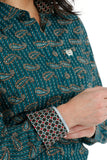 Cinch Women's Button-Down Western Shirt in Teal with intricate paisley pattern and unique collar detail.
