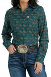 Cinch Women's Button-Down Western Shirt in Teal with intricate pattern and stylish belt.
