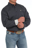 Cinch men's geometric print button-down western shirt in navy with white plaid contrast trim.