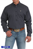 Cinch Men's Geometric Print Button-Down Western Shirt in Navy with white plaid contrast trim and embroidered logo.