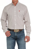 Cinch Men's Geometric Print Button-Down Western Shirt in white with embroidered logo and classic fit, paired with jeans.