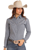 Rock & Roll Ladies Rough Stock Western Snap Shirt Blue worn by a woman with a cowboy hat and belt buckle.
