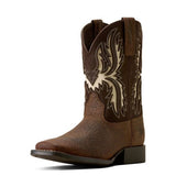 Ariat Youth Driftwood Wide Square Toe Western Boot in earth brown leather with intricate shaft design for kids.