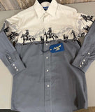 Panhandle Slim Men's Rodeo Long Sleeve Snap Shirt in tan and gray with horseman design.