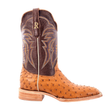 R. Watson Men's Antique Saddle Full Quill Ostrich Western Boots with cowhide top and 2-wide square toe design.