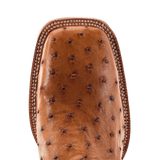 R. Watson Men's Antique Saddle Full Quill Ostrich Western Boots vamp close-up, showcasing its unique texture and color.