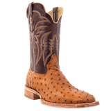 R. Watson Men's Antique Saddle Full Quill Ostrich Western Boots in Laguna Cognac and Antique Saddle Bruciato colors.