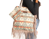 Rock & Roll Denim Aztec Print Bag With Fringe in Olive, featuring a stylish tribal design and fringe details.