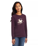Ariat Girls Ride Your Dream Horse Long-sleeve Tee in purple displayed on girl with pegasus graphic.