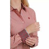 Cinch Ladies Orange Vertical Stripe Button Down Shirt with floral cuff detail, showcasing stylish design and comfortable fit.