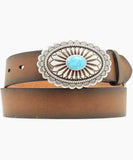 Ariat Women's silver and turquoise belt featuring a stunning oval buckle design.