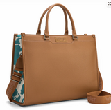 Wrangler WG389-8119 Carry-All Large Tote Work Tote in brown with cow print side panels and top zipper closure