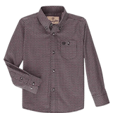 Wrangler Boys Navy Red Chain Print Classic Button Down Shirt with long sleeves and button closure.