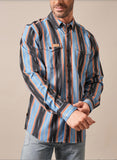 Kimes Ranch Men's Zach Top Brushpopper shirt in blue multi-striped pattern, showcasing pearl snaps and western style.