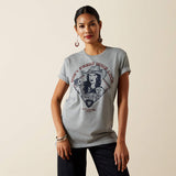 Woman wearing Ariat Don't Press Your Luck graphic t-shirt, showcasing a playful design and comfortable fit.