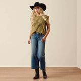 Model wearing Ariat Perfect Rise Jazmine Wide Leg Crop Jeans with cowboy hat and stylish top.