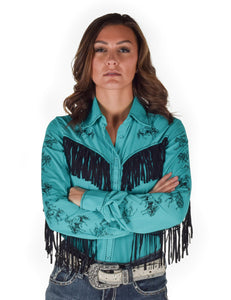 Cowgirl Tuff Company Pullover Button Up (Black Turquoise Breathe Lightweight Stretch Jersey With Printed Horses)