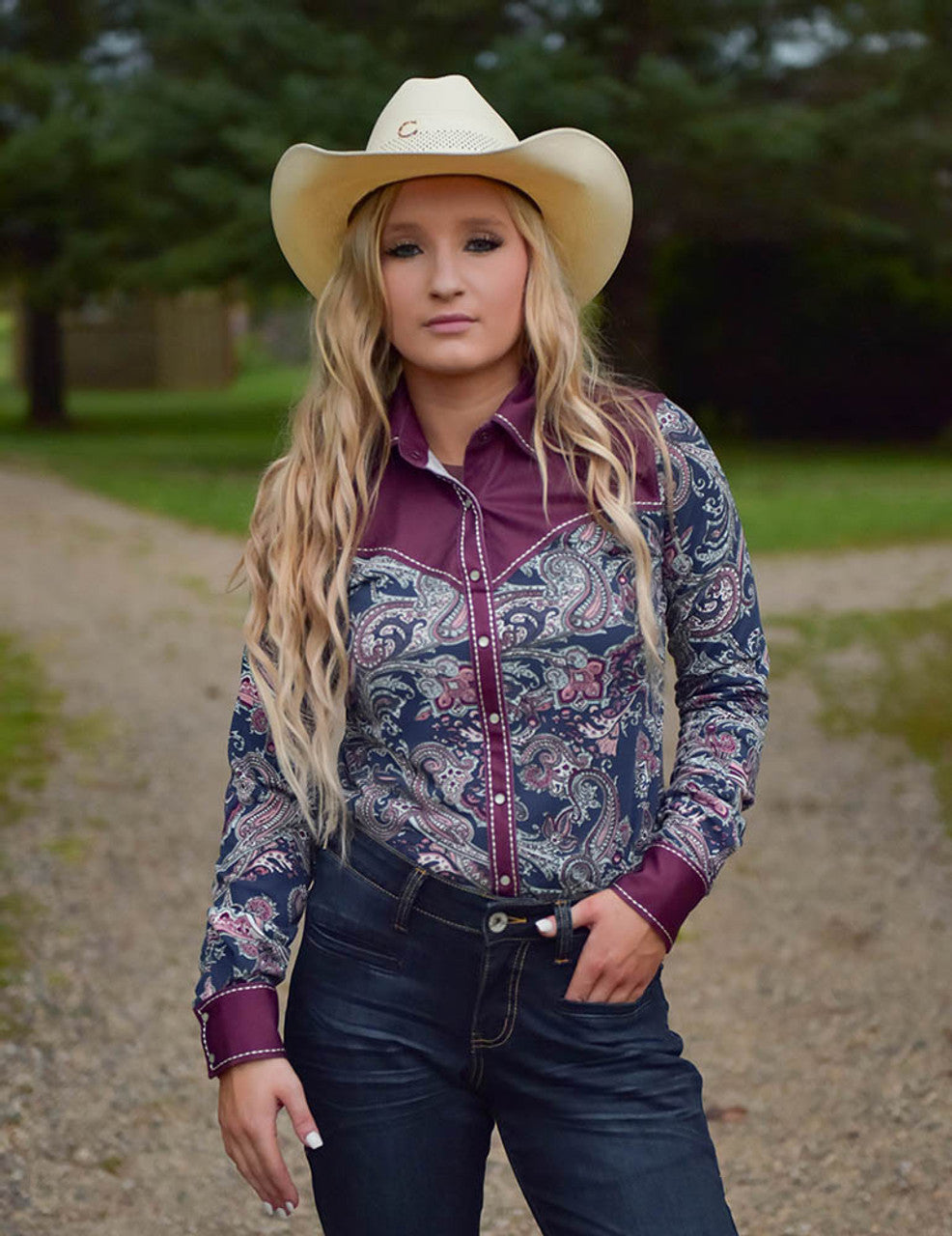 Cowgirl Tuff Pullover Button Up (Paisley And Burgundy Stretch Jersey)